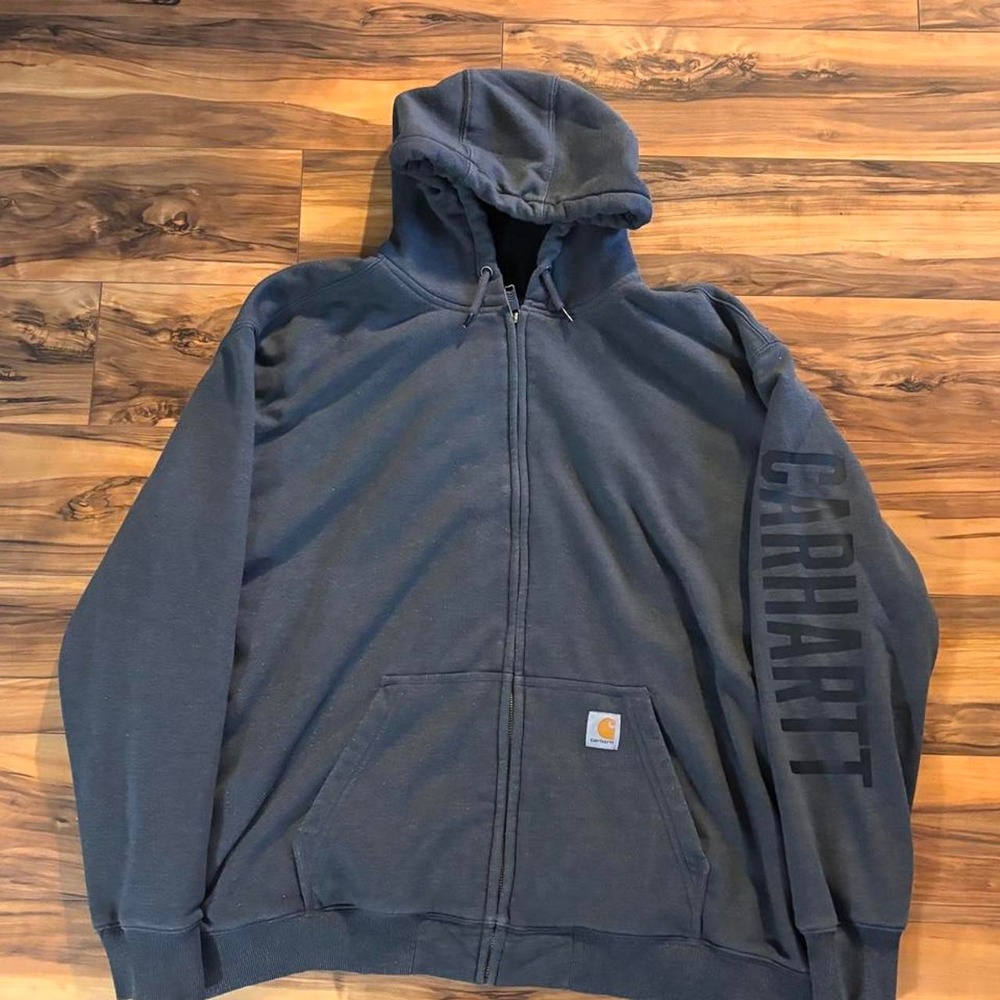 Carhartt 2XL Loose Fit Full Zip Hoodie Black Faded Sleeve Logo Workwear
